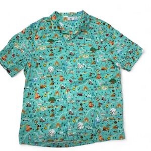 Disney Parks World Attractions Map Button Up Shirt Mens XXL Short‎ Sleeve Green